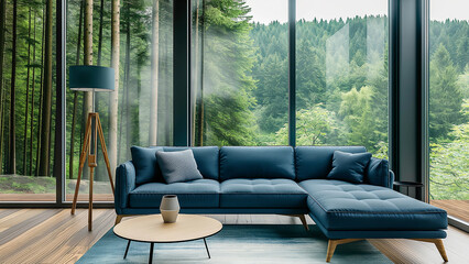 Luxury villa in the woods, serene living room with blue sofa, copy space, minimalist room