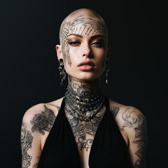 Bald woman with detailed tattoos poses confidently, isolated black background. Glamour fashion portrait, edgy style. Concept of beauty, body art, jewelry, subculture, vogue makeup.