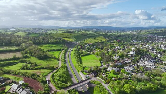 Farms and Fields over Kingskerswell and Road A380 from a drone, Devon, England