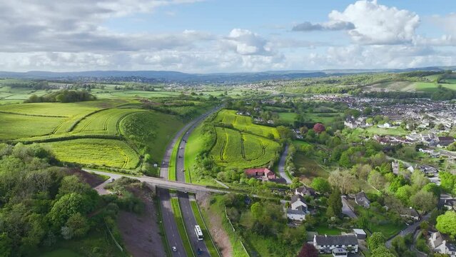 Farms and Fields over Kingskerswell and Road A380 from a drone, Devon, England