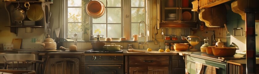 Fototapeta premium A rustic kitchen scene with a family preparing a meal together, rendered in a warm, homey style with a spot for a family recipe quote