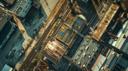Obraz premium Green Energy Harvest: Aerial Top-Down View of Solar Energy Panels Park on Factory Rooftop