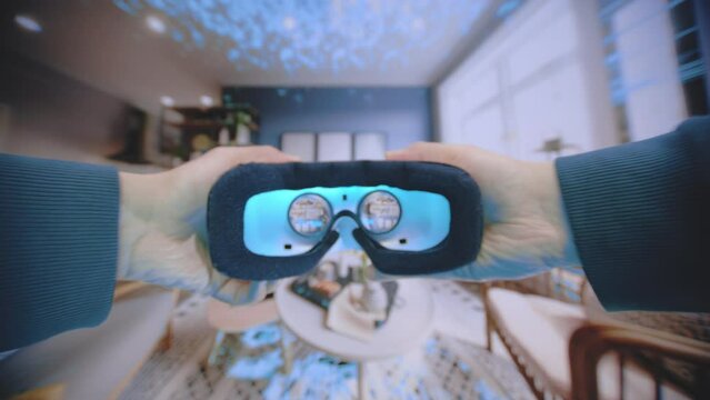 Person Puts on Virtual Reality Headset and Enters Cyberspace Internet Interface Green Screen Alpha Channel POV