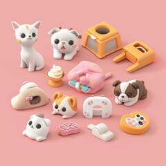 A tiny, kawaii collection of pet accessories, adorable and practical for furry friends, model isolated on solid background