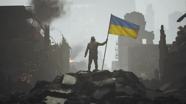 Ukrainian War Civilian Soldier Man Holding Ukraine Flag amid Destruction Devastation Piece Talks Rebuilding Renew Violence Invasion Resistance Concept