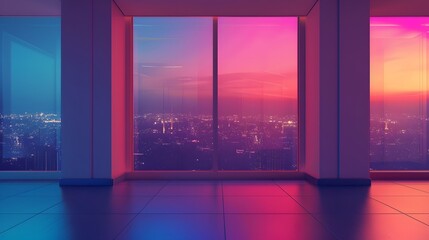 Modern flat colorful view of window frame. Abstract view of a building with huge windows. Minimal city view at night. Backdrop wallpaper.
