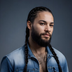 Obraz premium Young Bearded Man with Cornrow Braids, Casual Style