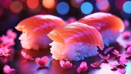 Vibrant salmon sushi adorned with cherry blossoms, set against a colorful bokeh backdrop—perfect for luxury dining promotions.