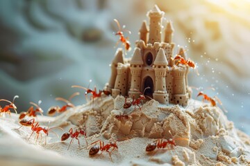 Creative charismatic of a social insect, ants in miniature construction gear, building a sand castle fortress, with something on hand, Sharpen banner with copy space