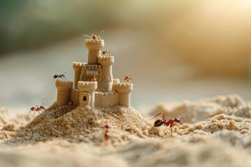 Creative charismatic of a social insect, ants in miniature construction gear, building a sand castle fortress, with something on hand, Sharpen banner with copy space