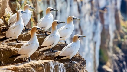 guillemots stand united on a cliff s ledge - Powered by Adobe