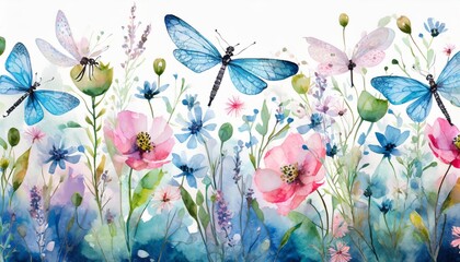floral seamless border with abstract wildflowers plants butterflies and dragonfly blue pink and green colors watercolor isolated illustration horizontal wildlife background
