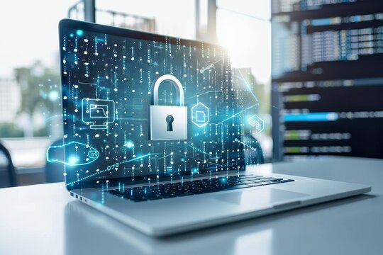 Robust cybersecruity measures and secure padlocks safeguard digital transactions, ensuring privacy.