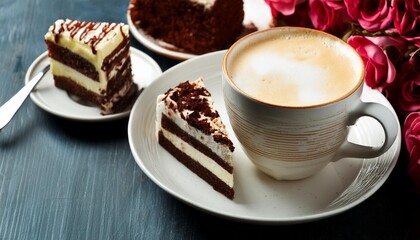 coffee cappuccino and cake