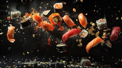 Experience the enchantment of flying healthy food explosion on a dark black background, where sushi and sashimi soar in an unpredictable twist of flavors