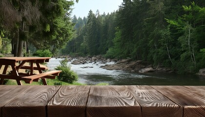 empty wooden table on blurred river and forest bench background