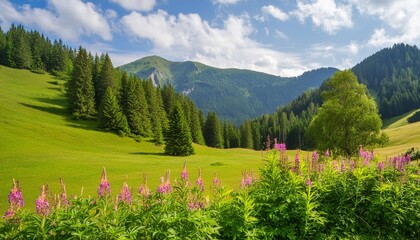 idyllic landscape in the alps with blooming meadows in summer