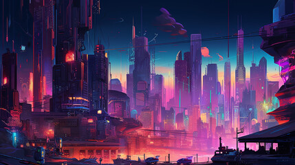 A stunning illustration of a futuristic city skyline at dusk, towering skyscrapers aglow with neon lights against a darkening sky, bustling streets filled with hovercars and bustling crowds, capturing