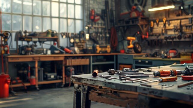 Image of a mechanics tools spread out in a workshop, ideal for tool ads with ample space for text