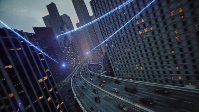 High Speed Internet Rays Passing Through Busy Downton Aerial Shot At Dusk 5g High Speed Financial Transactions High Tech Urban Area - Powered by Adobe