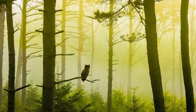 horizontal banner of forest background silhouettes of trees owl on branch magical misty landscape fog green and yellow illustration bookmark