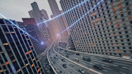Fast Data Transfer Optical Rays Passing Through Busy Downtown Urban City FPV Aerial Shot At Dusk High Speed Communication Automation Financial District - Powered by Adobe