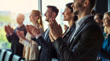 Group of business people clapping and applauding during office conference presentation or training