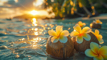 Coconuts with vibrant frangipani flowers float in ocean waters under a golden sunset, creating a picturesque tropical setting.
