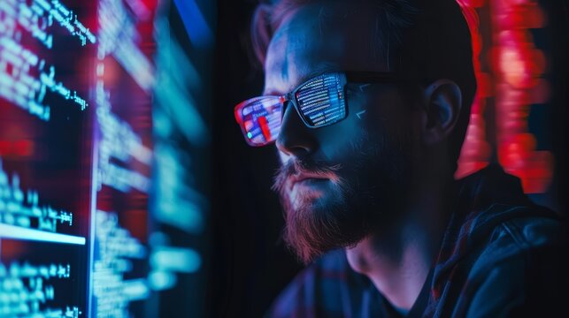 Portrait of a web developer with Glow HUD big Icon of coding syntax