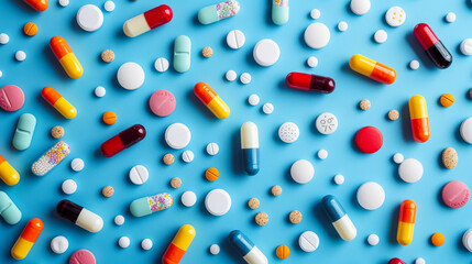 Top view: assorted pills scattered on blue background, representing varied medications