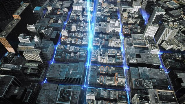 Digital City Junction Signals Passing Through Streets Drone Shot At Night Big Data Machine Learning Metaverse Innovation High Tech Urban Area