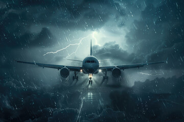 Commercial airplane approaching through a storm with visible lightning and heavy rainfall