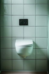 A close-up shot of the wall-mounted toilet, featuring an elegant white shade and modern black button control panel. The background is covered in light green tiles with visible tile grout lines.