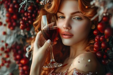 Woman With Red Hair Holding Glass of Wine
