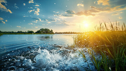 sunset over the river with water splash 
