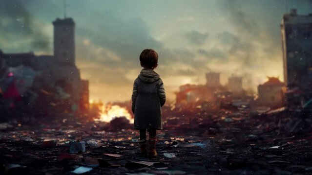 Desperate Poor Afraid Child Standing in The Middle of War Zone Deserted Demolished City Buildings Burning in the Background