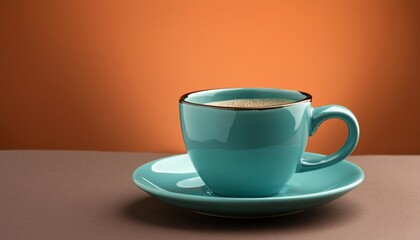 beautiful cyan coffee cup over orange background