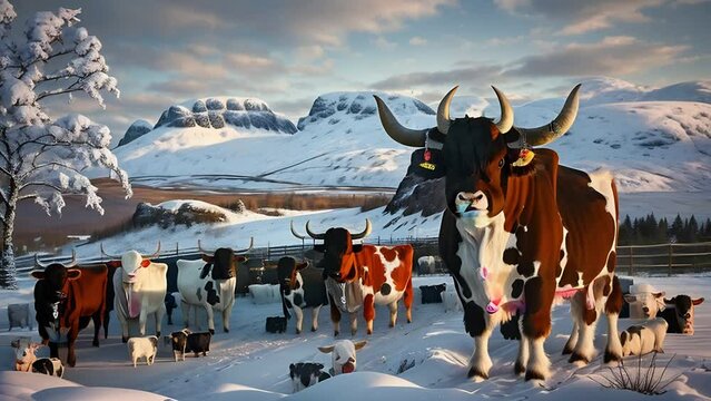 Scottish highlander cattle in natural snowy winter mountain landscape