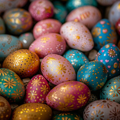 Fototapeta premium Colorful Hand-Painted Easter Eggs Close-Up