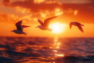 Three Seagulls Flying Over the Ocean at Sunset