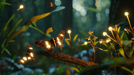 Beautiful butterfly with fireflies in a forest Generative Ai