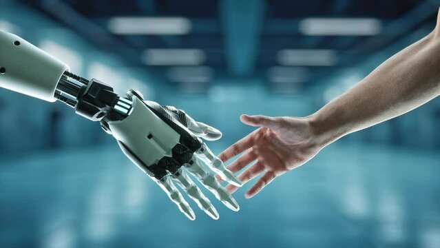 AI Robot Hand Shaking Another Hand In A Room With Blue Lights Workshop Advertising Photography Robotics Engineering