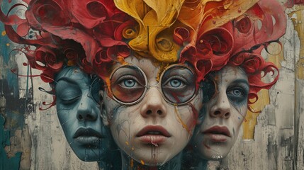 Obraz premium Abstract Surreal Street Art Mural, Person Background, Portrait Backdrop, Authentic People, Colorful Wall Artwork