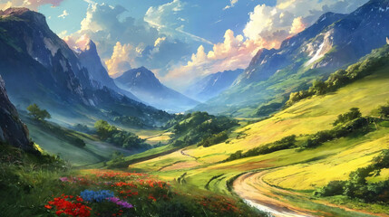 Landscape of beautiful fields and mountains Generative Ai