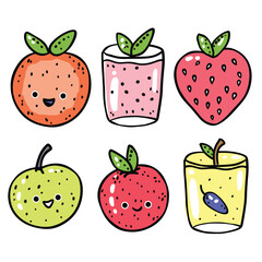 Cartoon fruits smiling, anthropomorphic apple strawberry smoothie glass orange lemon happy faces. Cute juice cheerful beverage kawaii style hand drawn. Bright colorful kids nutrition illustration