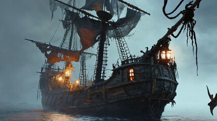 Obraz premium Old pirate ship on the high seas in the storm Generative Ai