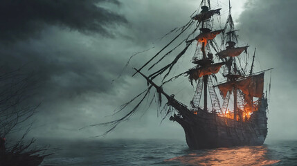 Obraz premium Old pirate ship on the high seas in the storm Generative Ai