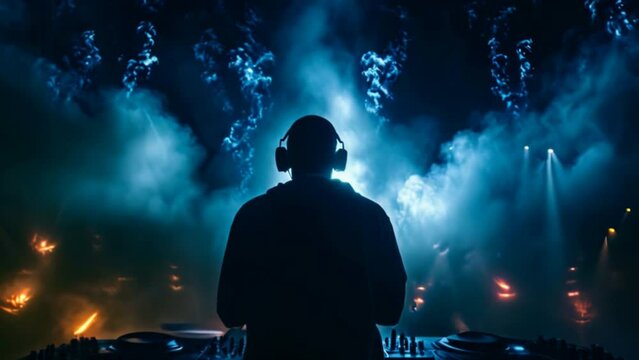 Nightclub DJ spins fiery beats amidst silhouetted crowd, enveloped in smoky darkness