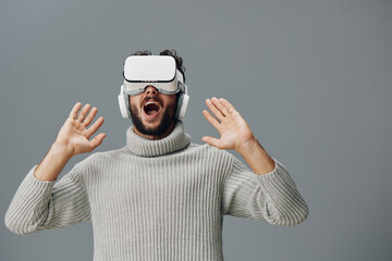 Man modern innovation technology vr entertainment digital virtual simulator device glasses reality
