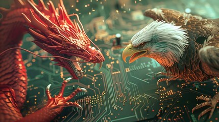 The Chinese dragon and American bald eagle in conflict on a semiconductor panel, representing the concept of a chip war.